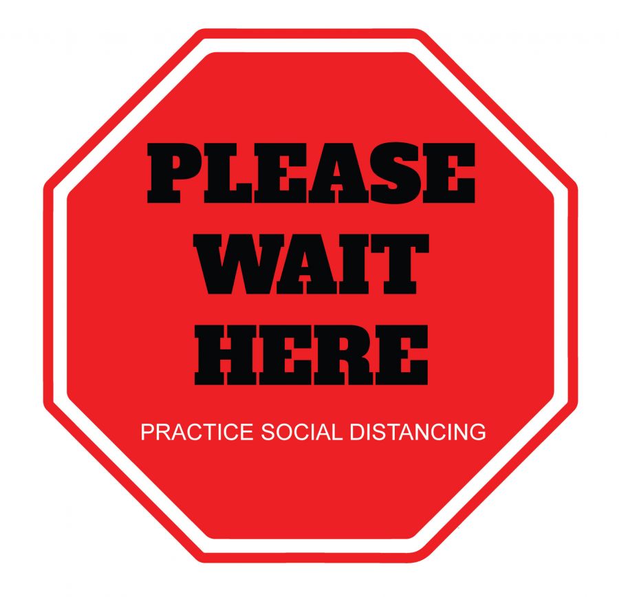 Social Distancing Floor & Wall Sign Please wait here w/ arrow Red 